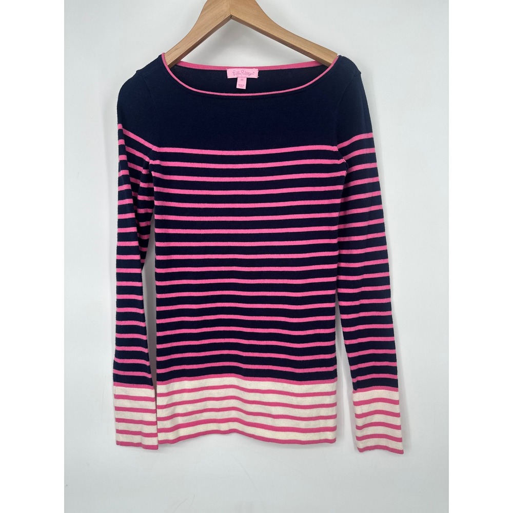 Lilly Pulitzer Maria Sweater Women XS Blue Pink Striped Boat Neck Coastal Preppy